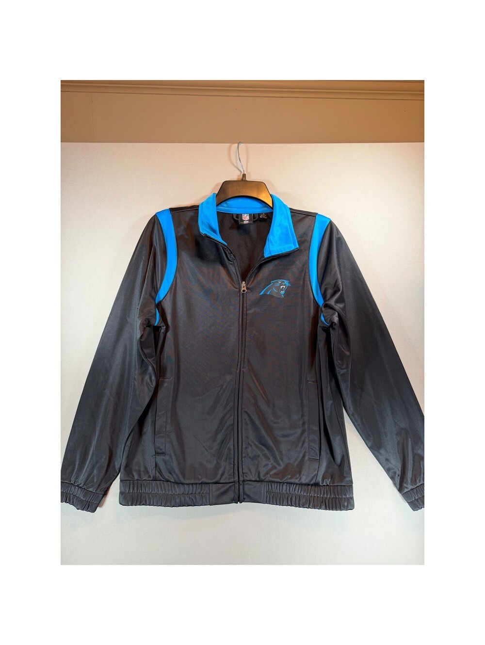 NFL Team Apparel Carolina Panthers Womens Track Jacket Black Blue Rhinestone L